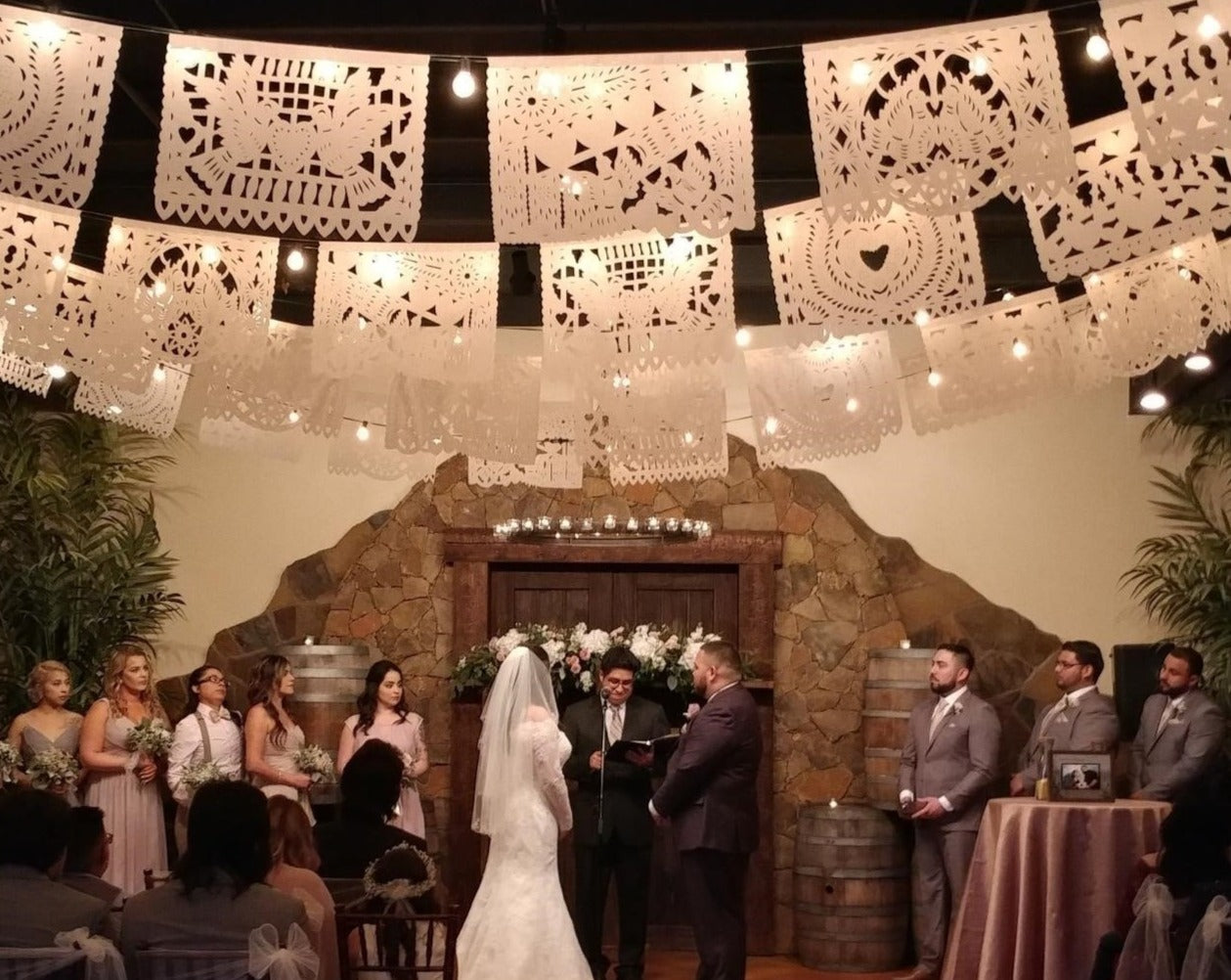 Wedding Amor Papel Picado Garlands - Mexican Fiesta bridal shower white tissue paper wedding decorations with wedding couple