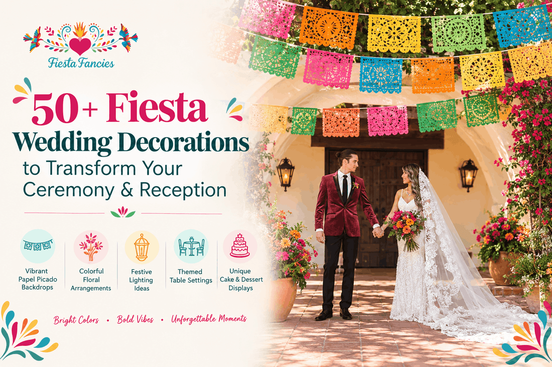 Fiesta wedding decorations with papel picado, paper flowers, and colorful table décor
