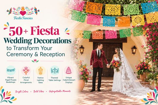 Fiesta wedding decorations with papel picado, paper flowers, and colorful table décor
