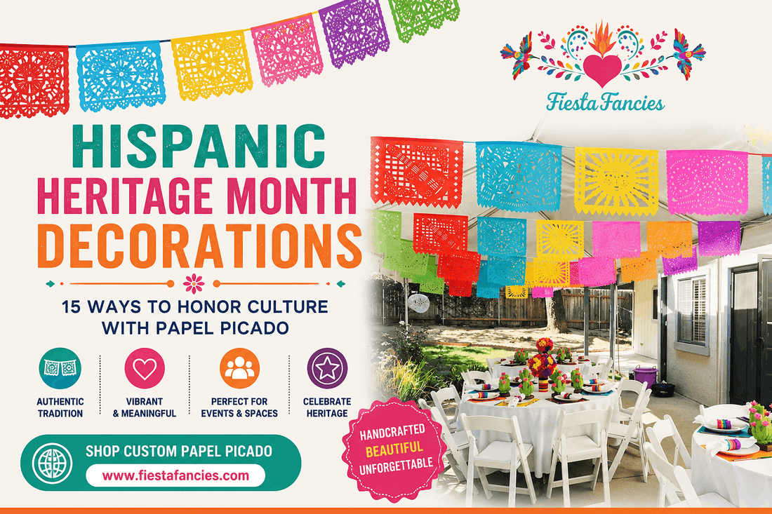 Colorful Papel Picado garland decorating a Hispanic Heritage Month celebration with authentic Mexican cultural décor