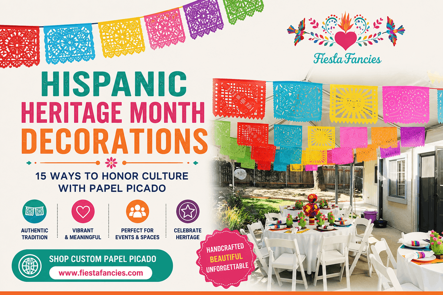 Colorful Papel Picado garland decorating a Hispanic Heritage Month celebration with authentic Mexican cultural décor