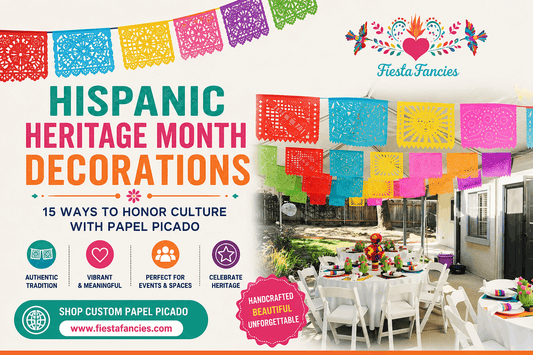 Colorful Papel Picado garland decorating a Hispanic Heritage Month celebration with authentic Mexican cultural décor