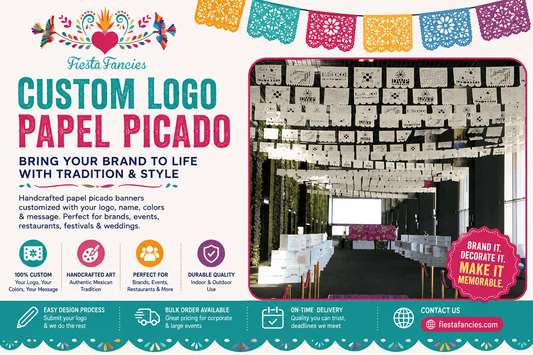 Custom logo papel picado banners displayed at a branded corporate event with personalized business logo decorations