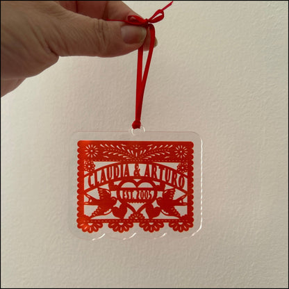 Custom Cut Acrylic Wedding Ornament Custom Papel Picado Our First Christmas as Mr. & Mrs. Acrylic Ornament Personalized names and EST. Date Custom Laser cut shape design