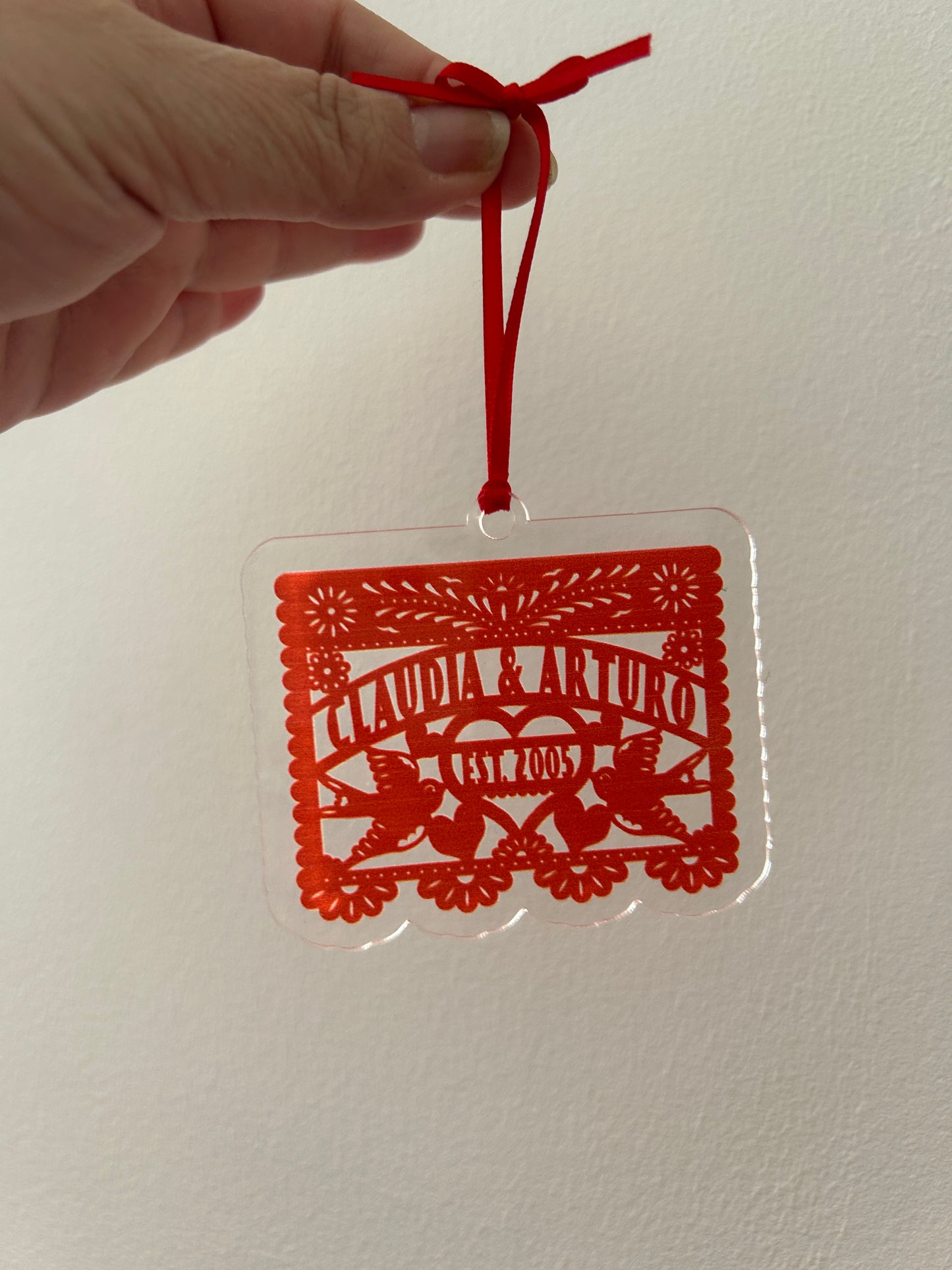 Custom Cut Acrylic Wedding Ornament Custom Papel Picado Our First Christmas as Mr. & Mrs. Acrylic Ornament Personalized names and EST. Date Custom Laser cut shape design