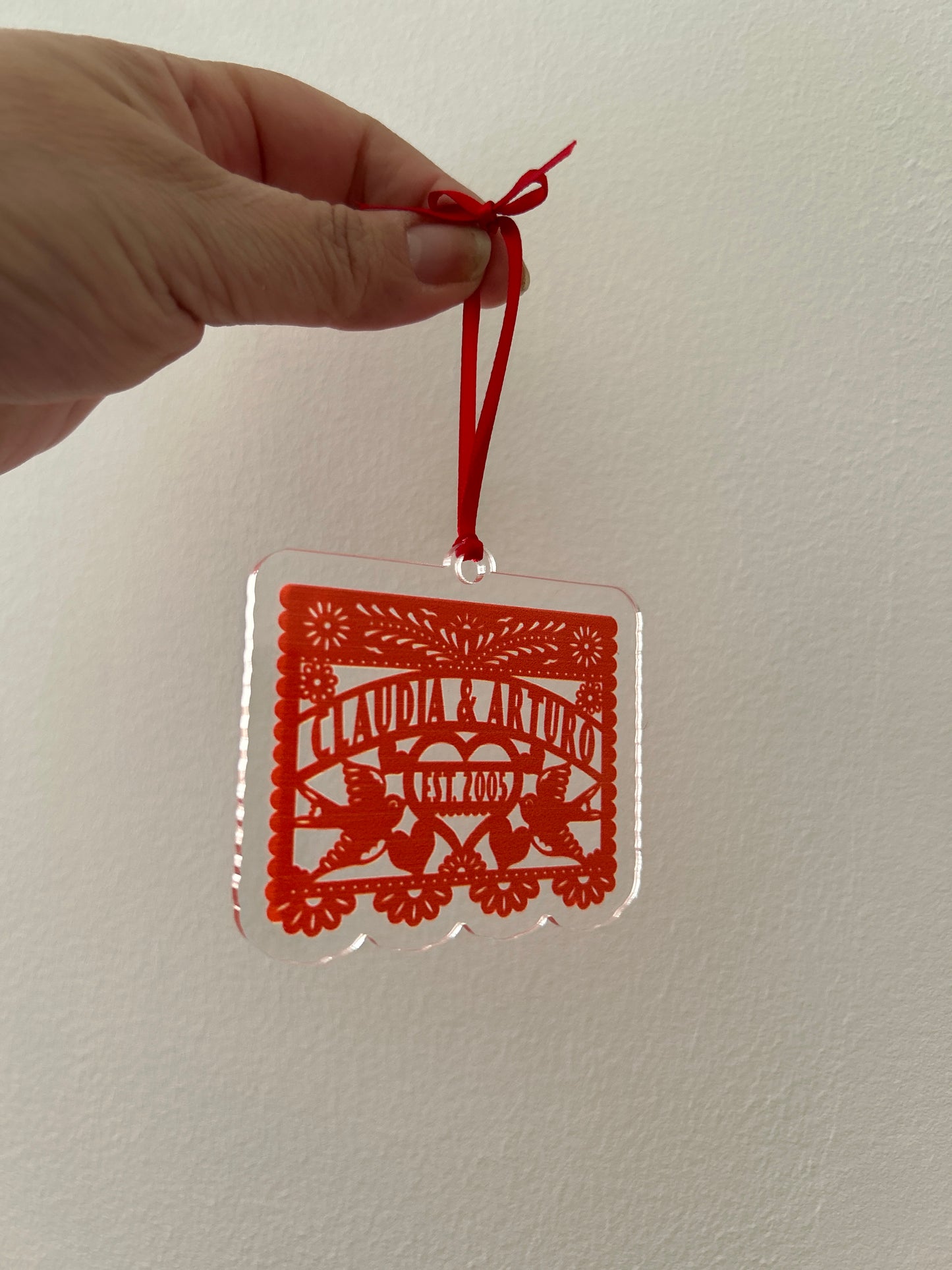 Custom Cut Acrylic Wedding Ornament Custom Papel Picado Our First Christmas as Mr. & Mrs. Acrylic Ornament Personalized names and EST. Date Custom Laser cut shape design