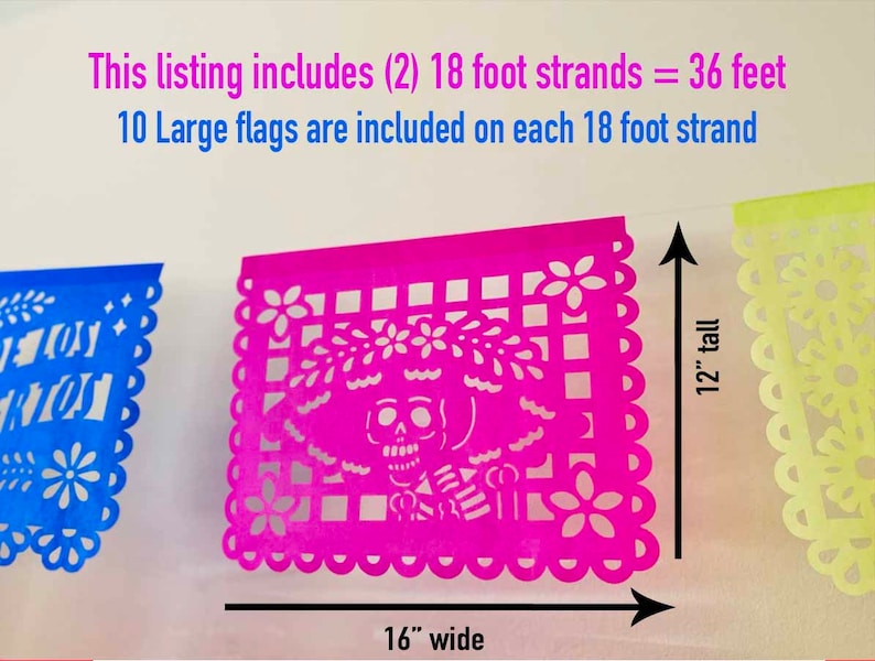 Large pink papel picado flag size reference, 16 x 12 inches