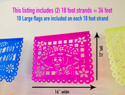 Large pink papel picado flag size reference, 16 x 12 inches