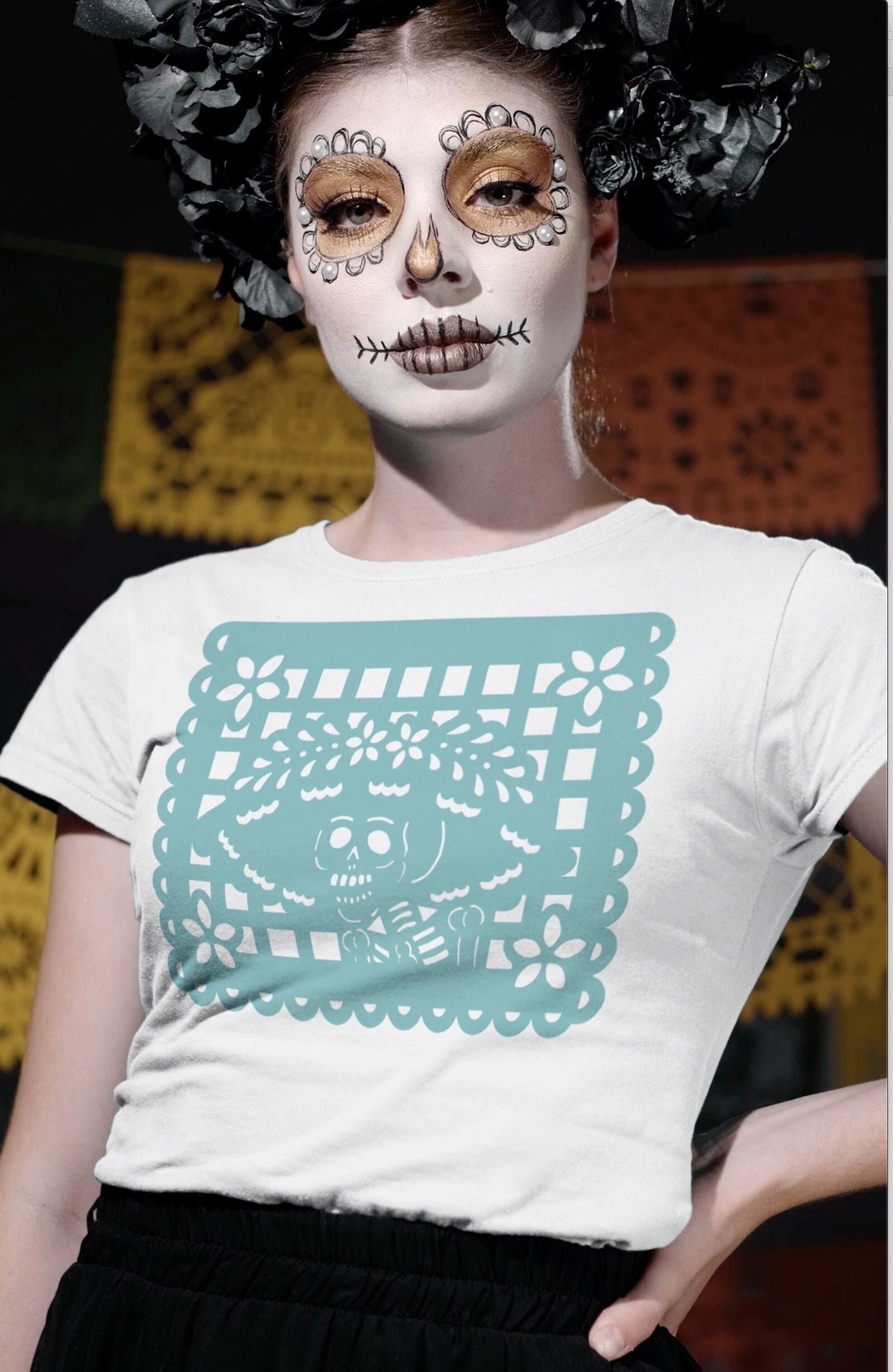 Day of the dead Catrina Papel Picado T-Shirt Women's Comfortable Women's fit Mexican Dia de Los Muertos Latina Mexico Halloween skull