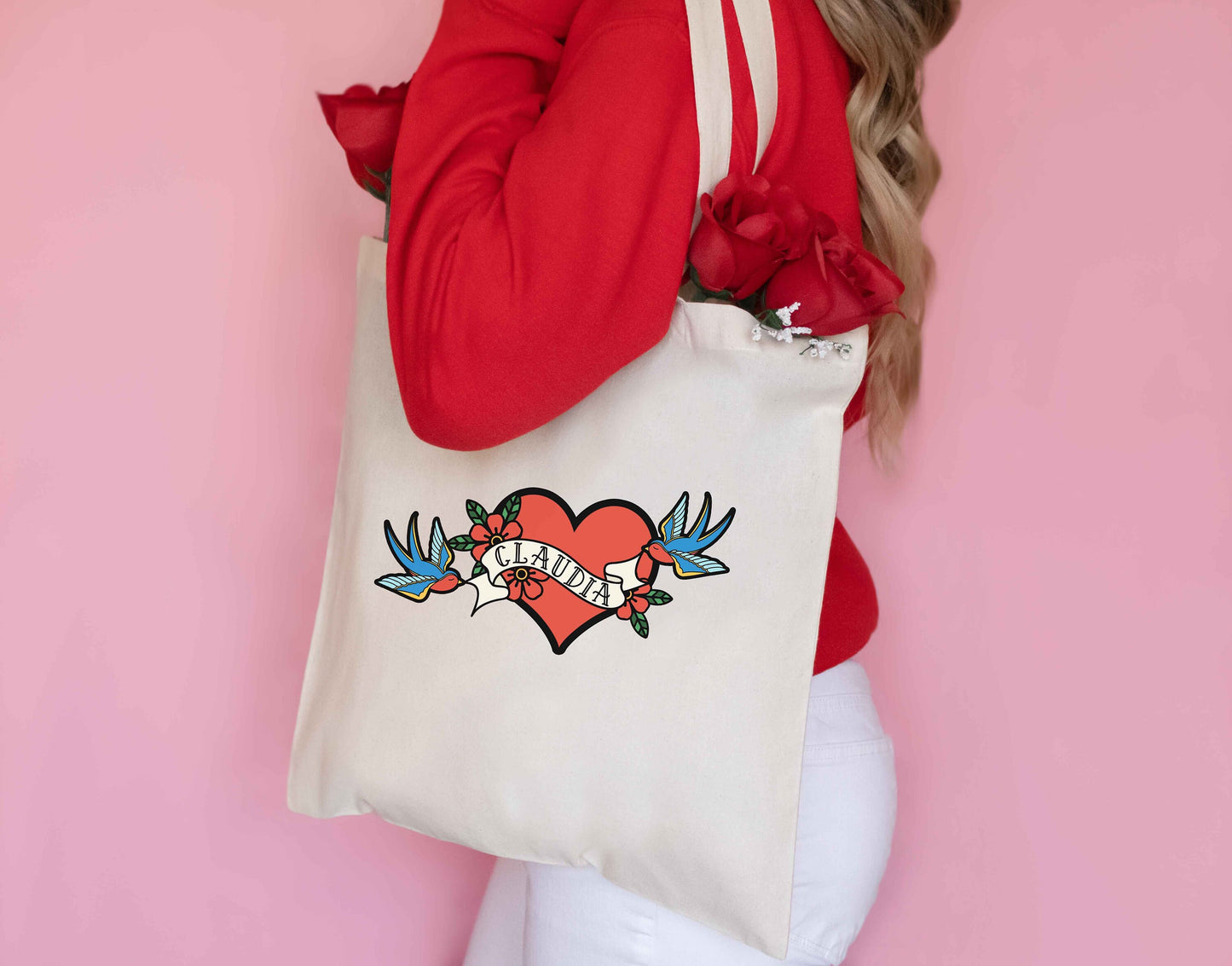 Tattoo Heart Birds with banner name Rockabilly gift bridesmaid proposal Tote Bag Gift for her Bridesmaids gift Bridesmaid bag Maid of Honor