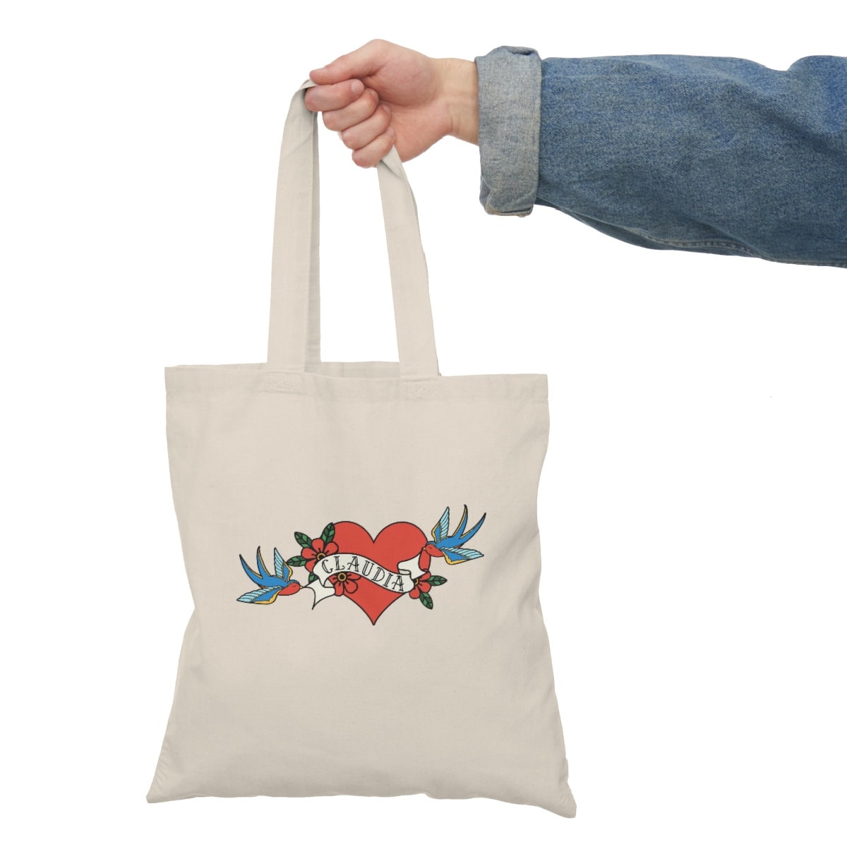 Tattoo Heart Birds with banner name Rockabilly gift bridesmaid proposal Tote Bag Gift for her Bridesmaids gift Bridesmaid bag Maid of Honor