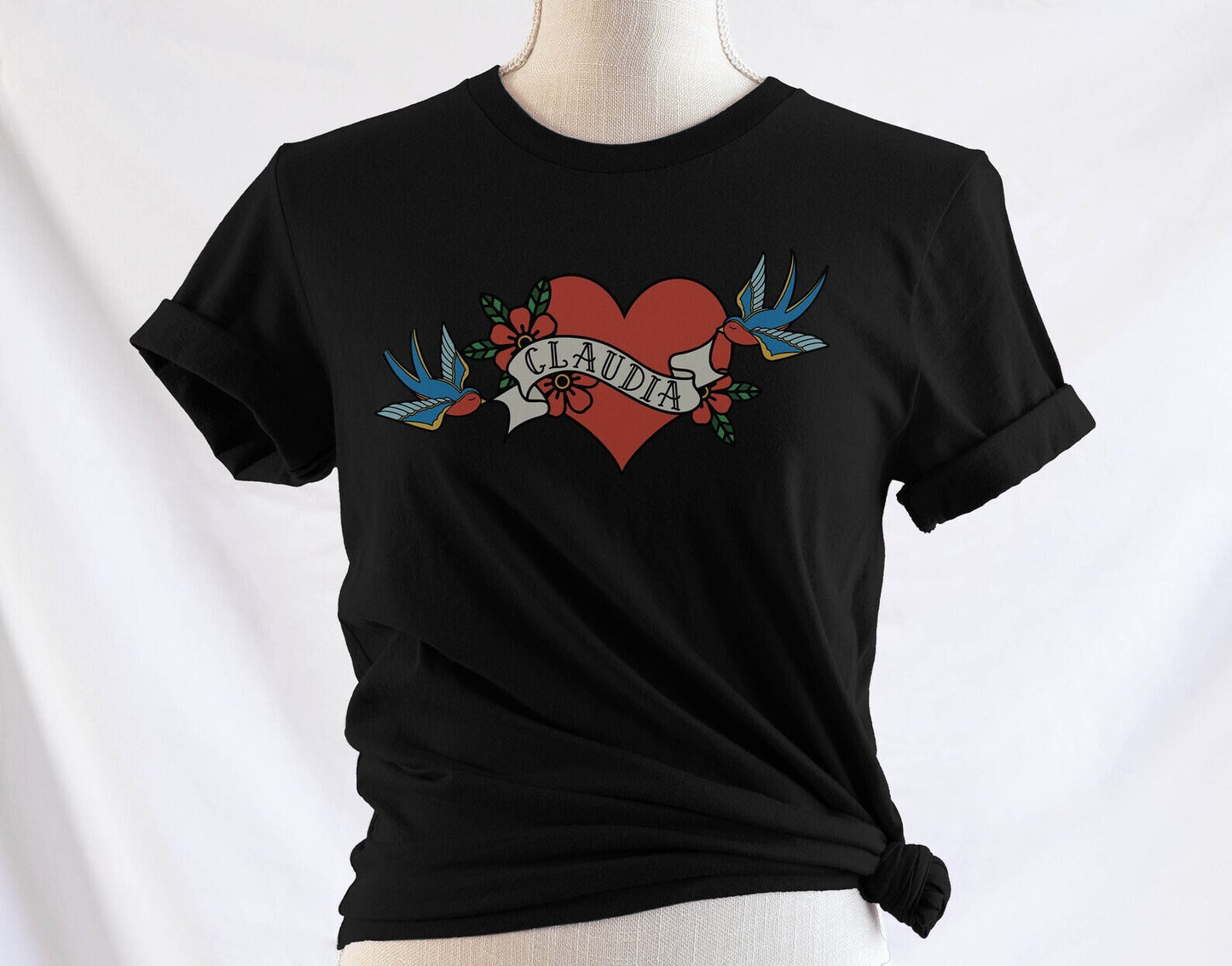 Valentine's Day Shirt PERSONALIZED  Girlfriend Tattoo Heart NAME Shirt Love birds heart banner sailor jerry Tattoo gift tattoo lover