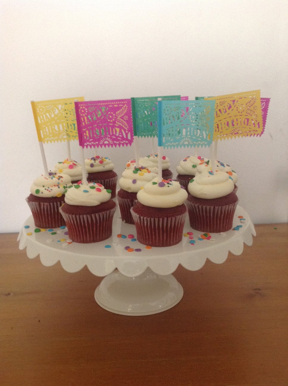 Cupcake toppers (100 pieces) Papel Picado - Fiesta Happy Birthday Tissue paper on lollipop sticks 3x2 inches