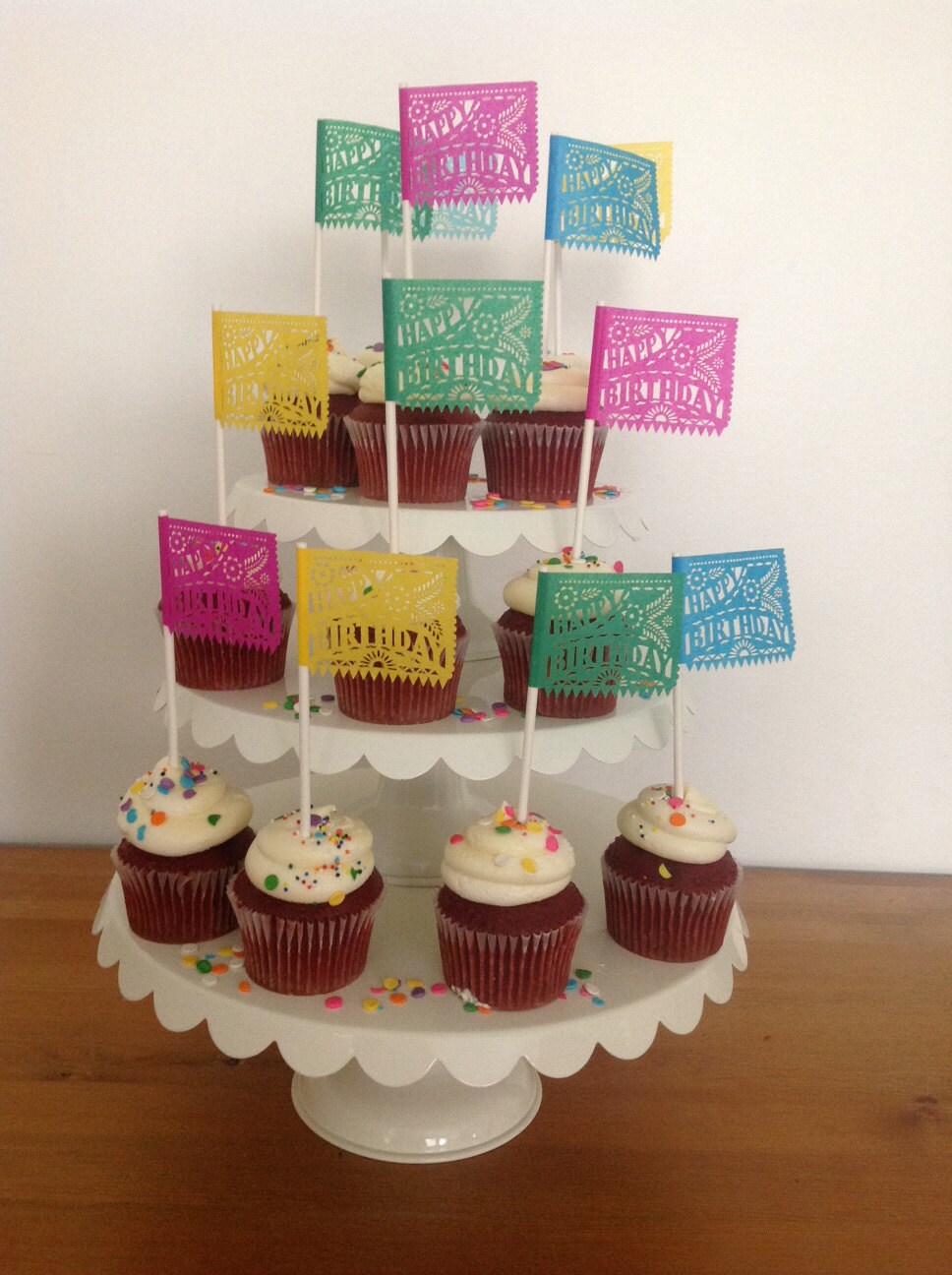 Cupcake toppers (100 pieces) Papel Picado - Fiesta Happy Birthday Tissue paper on lollipop sticks 3x2 inches